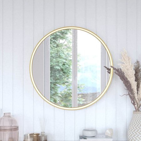 Flash Furniture 27.5in Round Gold Metal Framed Accent Wall Mirror HMHD-9M3000GD-GLD-GG